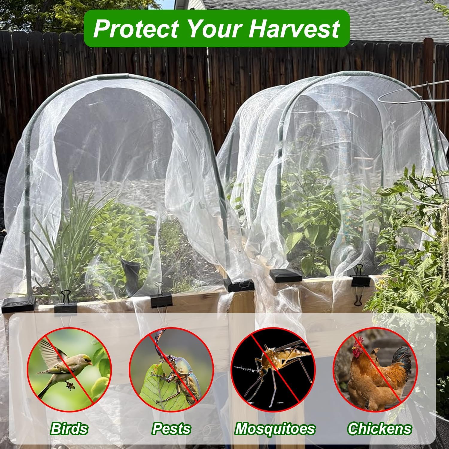 Garden Netting Kit, Garden Hoops 6Pcs+10x20FT Garden Mesh Netting with 18 Clips Barrier Bird Barrier Protection Net