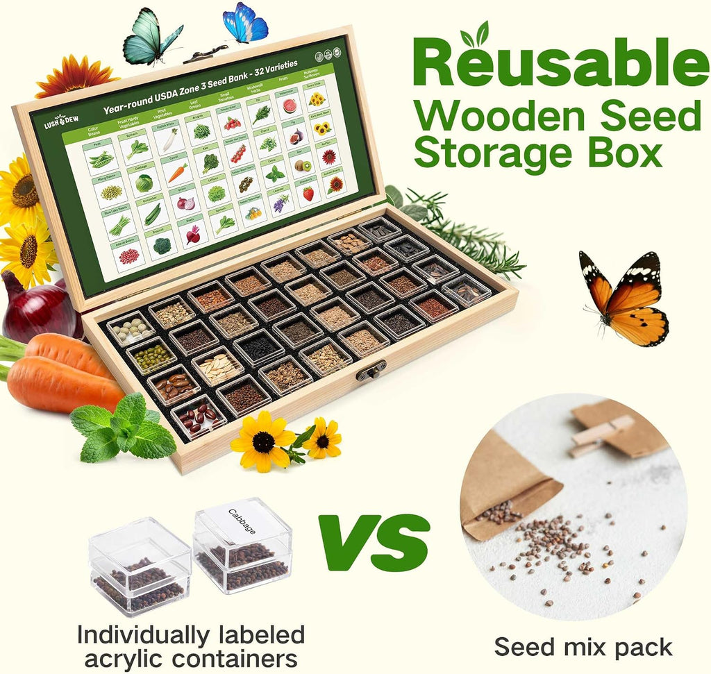 USDA Zone 3 Seed Bank, Gardening Gifts for Women Men, 32 Type Non-GMO Seeds | 30,000+ Heirloom Seeds for Planting