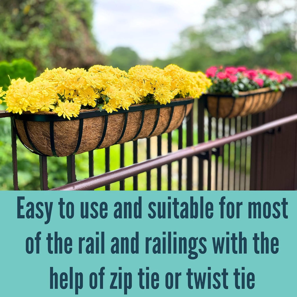 LaLaGreen Railing Planter Box (24 Inch, 2 Pack) Black Metal Rectangular Hanging Planters with Coco Liner, Flower Boxes