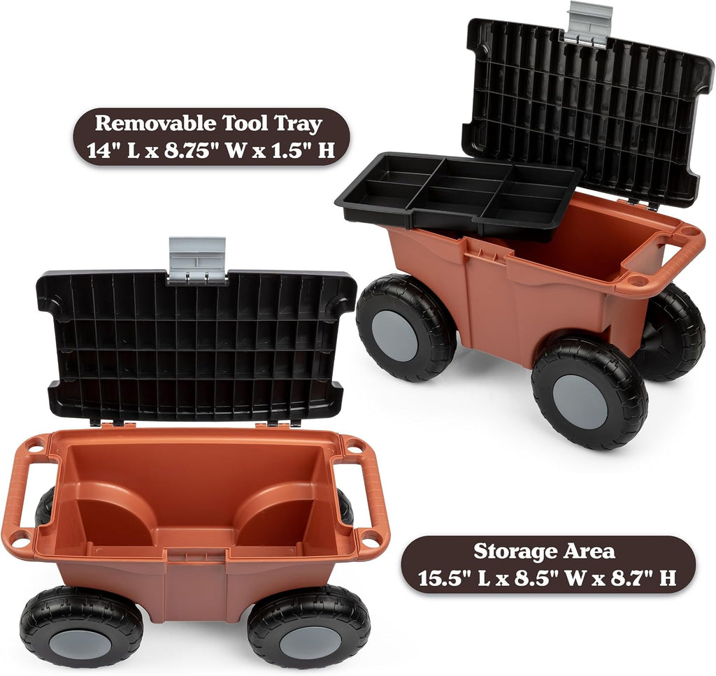 Pure Garden Rolling Garden Cart with Seat, Terracotta | Plastic Garden Bench with Tool Tray for Storage - Gardening