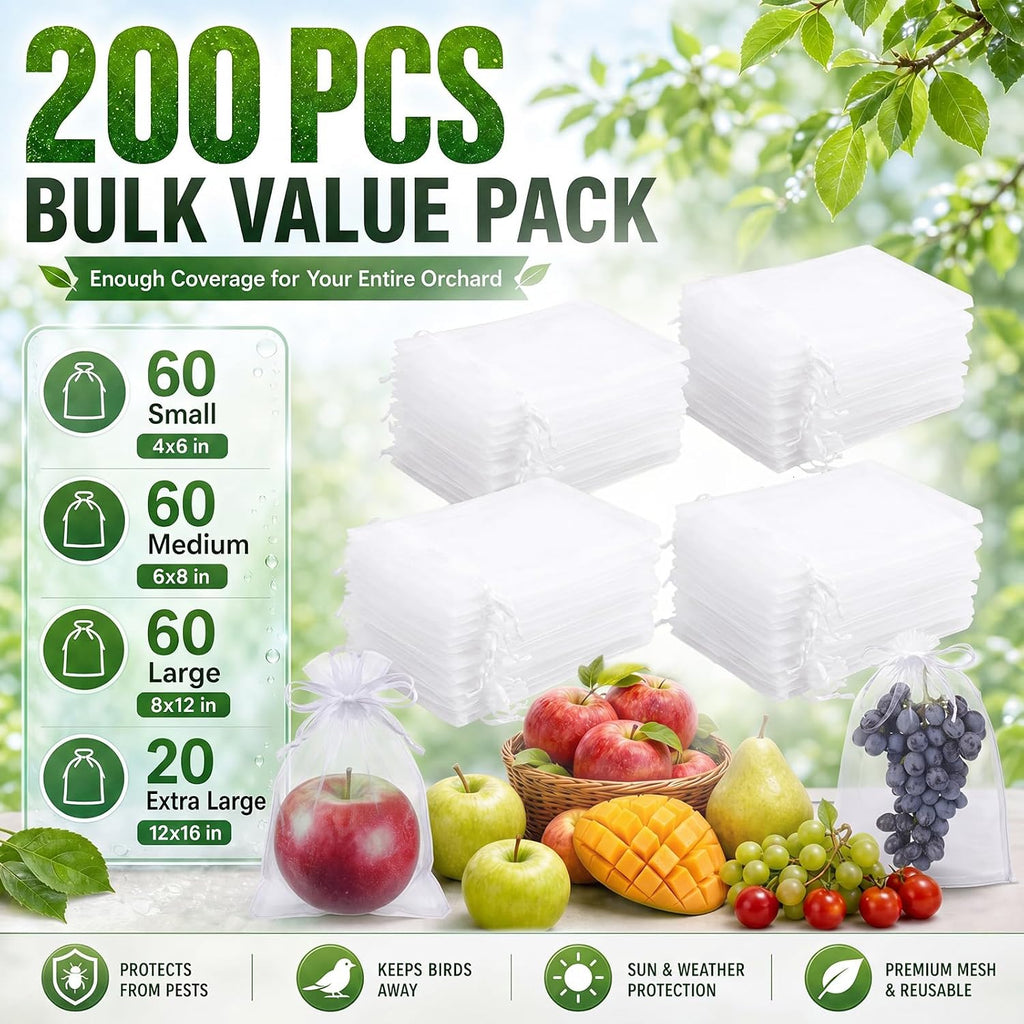 200 Pcs Fruit Netting Bags 4 Multi Size Assortment White | Protection Bags for Fruit, Drawstring Cover Mesh Bag, Pest