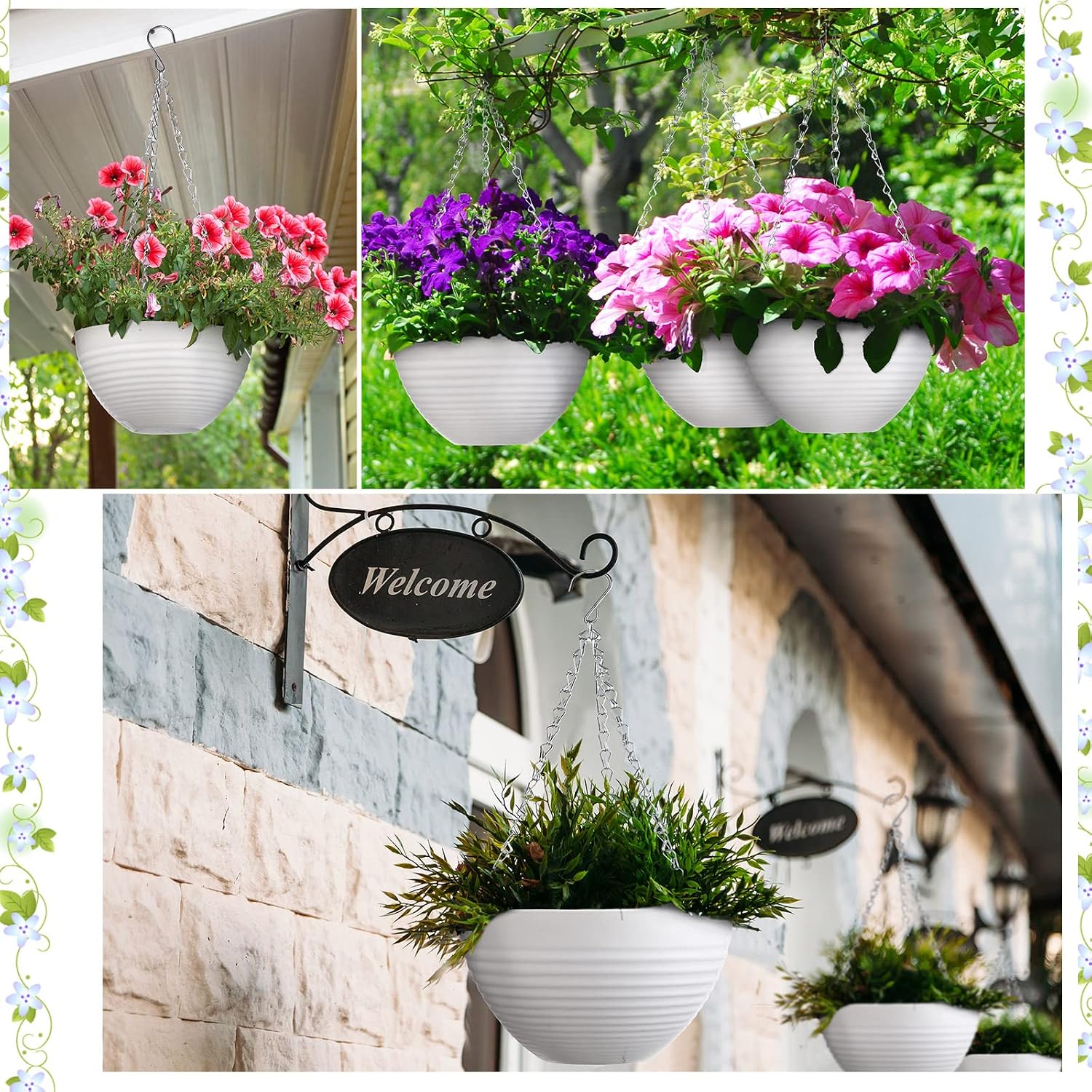 Eccliy 8.3 Inch Hanging Planters, 16 Pack Plastic Hanging Pots for Plant White Flower Pots Baskets Chains Drainage