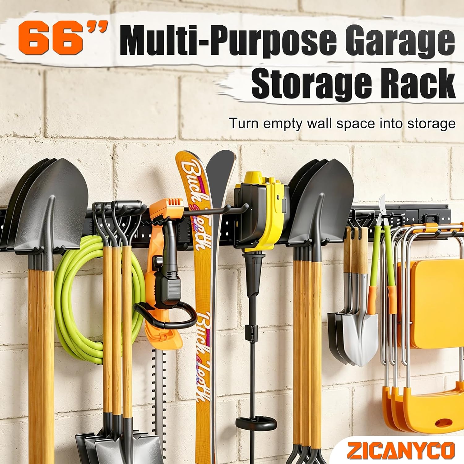 Garage Tool Organizer Wall Mount 66 inches with 13 Adjustable Heavy-Duty Hooks, Garage Organization, Garden Tool