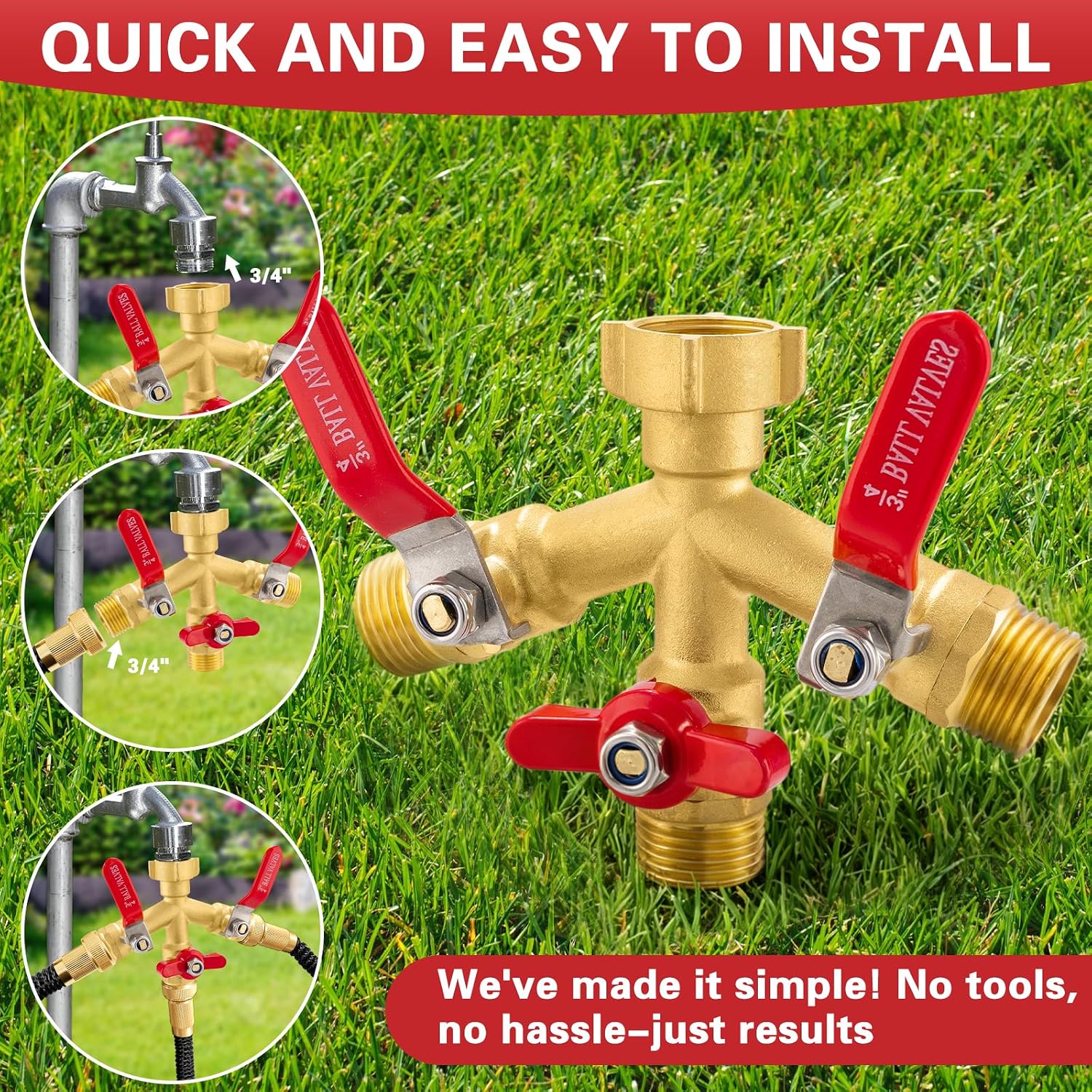 High Flow 3 Way Hose Splitter, Heavy Duty Brass Garden Hose Splitter,Water Hose Spigot Splitter with Easy-Grip Metal