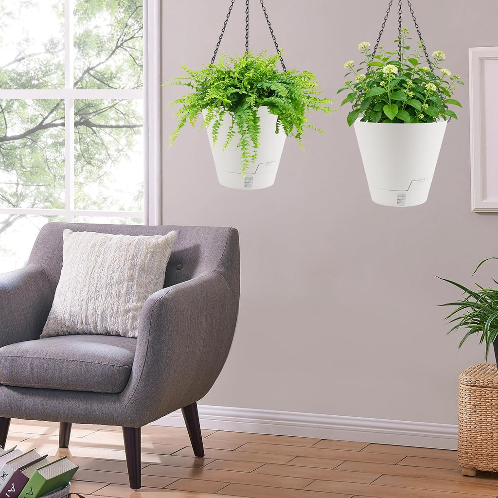 8 Inch Hanging Planters Indoor Outdoor, 3 Pack Plastic Self Watering Plant Pots with Drainage Holes & Saucers, Hanging