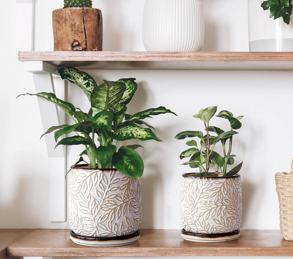D'vine Dev 2-Pack Embossed Leaves Planter, 4/6 in, Smoked White, 27-B-U-1 | Nature-Inspired Leaf Pattern, Handcrafted