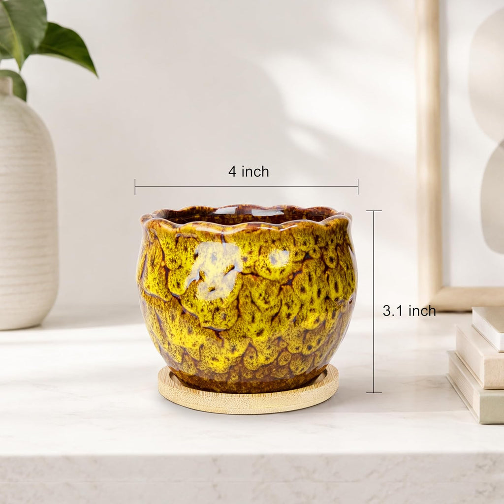 ARTKETTY Succulent Pots, 4 Pack Small Plant Pots with Drainage Tray | 4 Inch Flower Pots, Ceramic Planters for Indoor