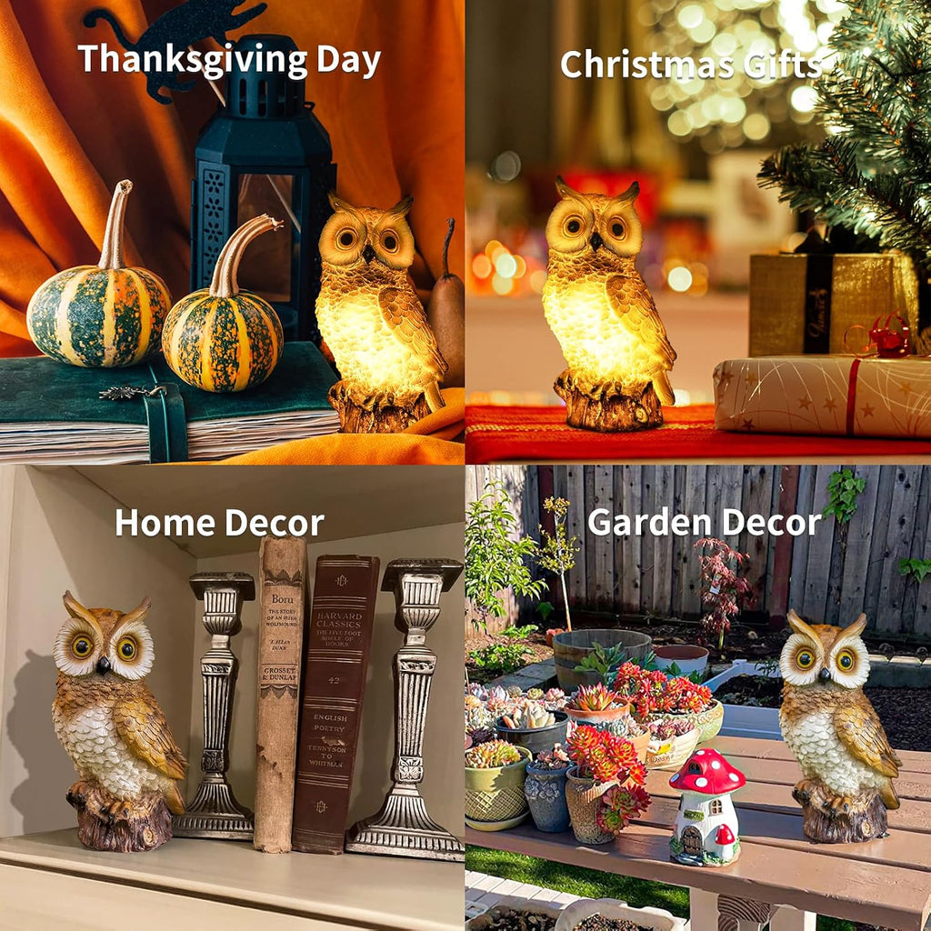 Solar Owl Garden Statues Outdoor Decor Resin Owl Figurine with LED Lights Owl Sculpture for Porch Patio Lawn Yard