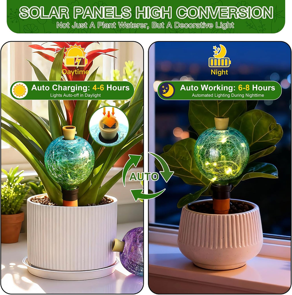 VOREEN Crackle Glass Plant Watering Globe with Terracotta Spike,Self-Watering Irrigation for Potted Plants, with Solar