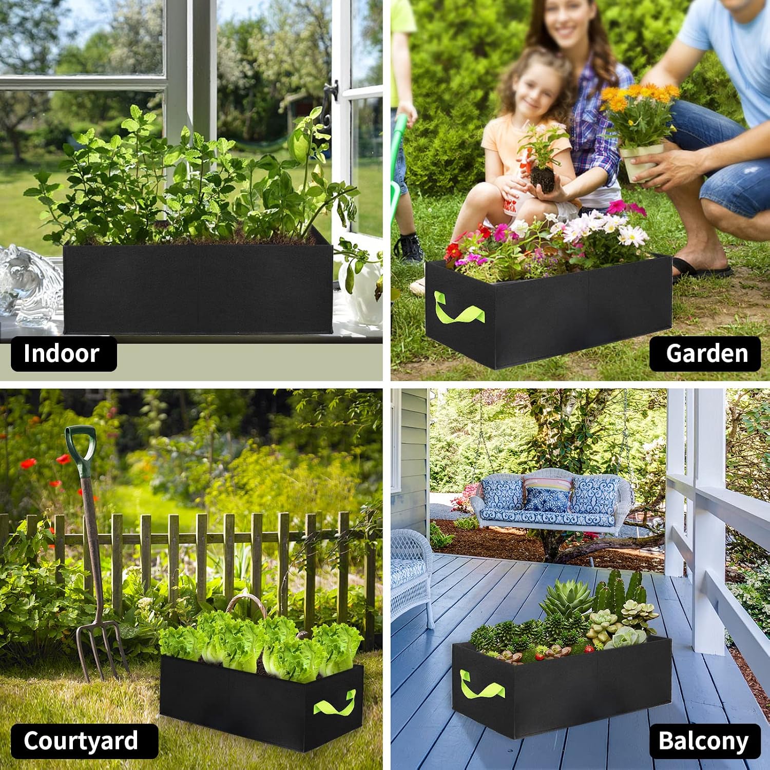 ANGELIOX 2Pcs Grow Bags, 3-Grids Rectangle Grow Bag,14 Gallon Thickened 400G Fabric Garden Bed, Nonwoven Square Flower