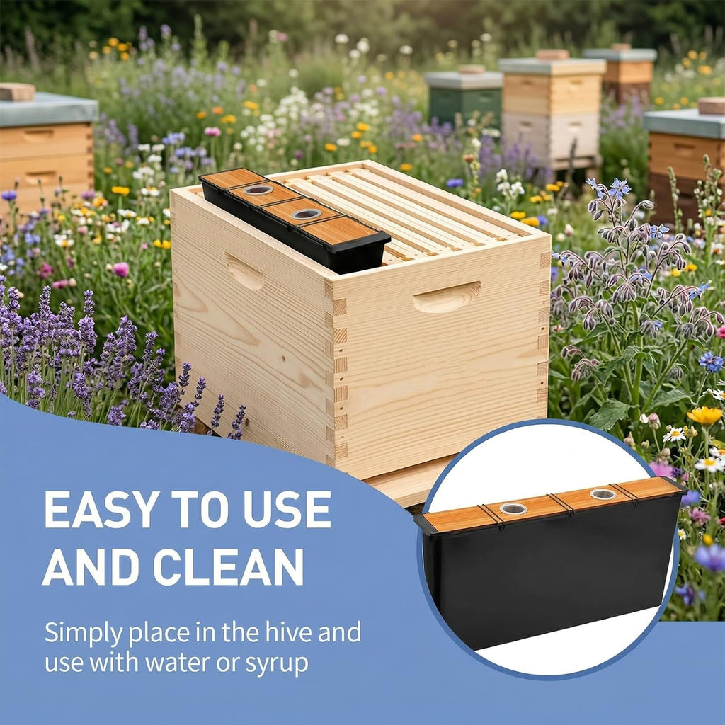 Beehive Frame Feeder 2Pcs 6.5L Beeswax-Treated Wood | In-Hive Frame Feeder, 6 Safety Islands Prevent Drowning, 12