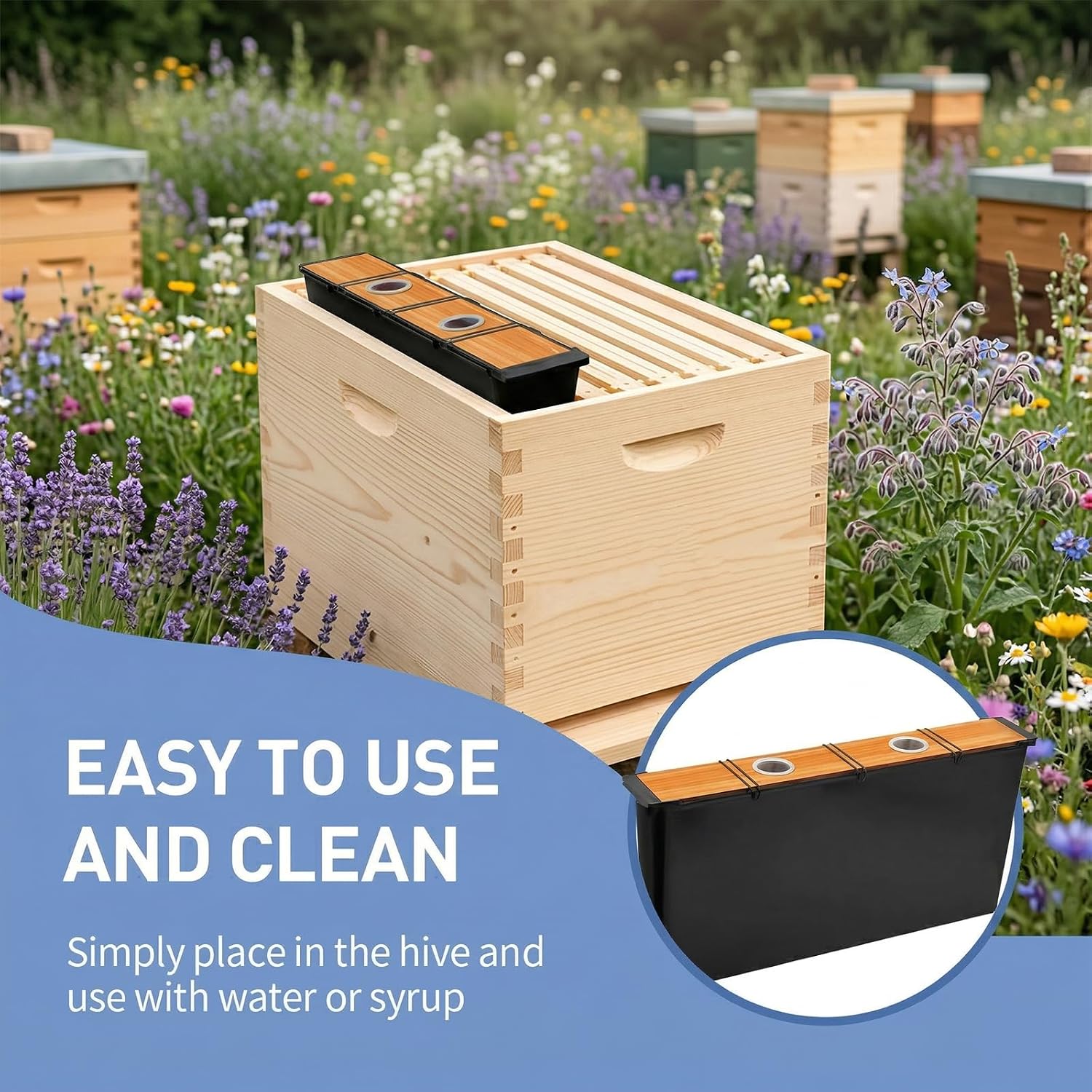 Beehive Frame Feeder 2Pcs 6.5L Beeswax-Treated Wood | In-Hive Frame Feeder, 6 Safety Islands Prevent Drowning, 12