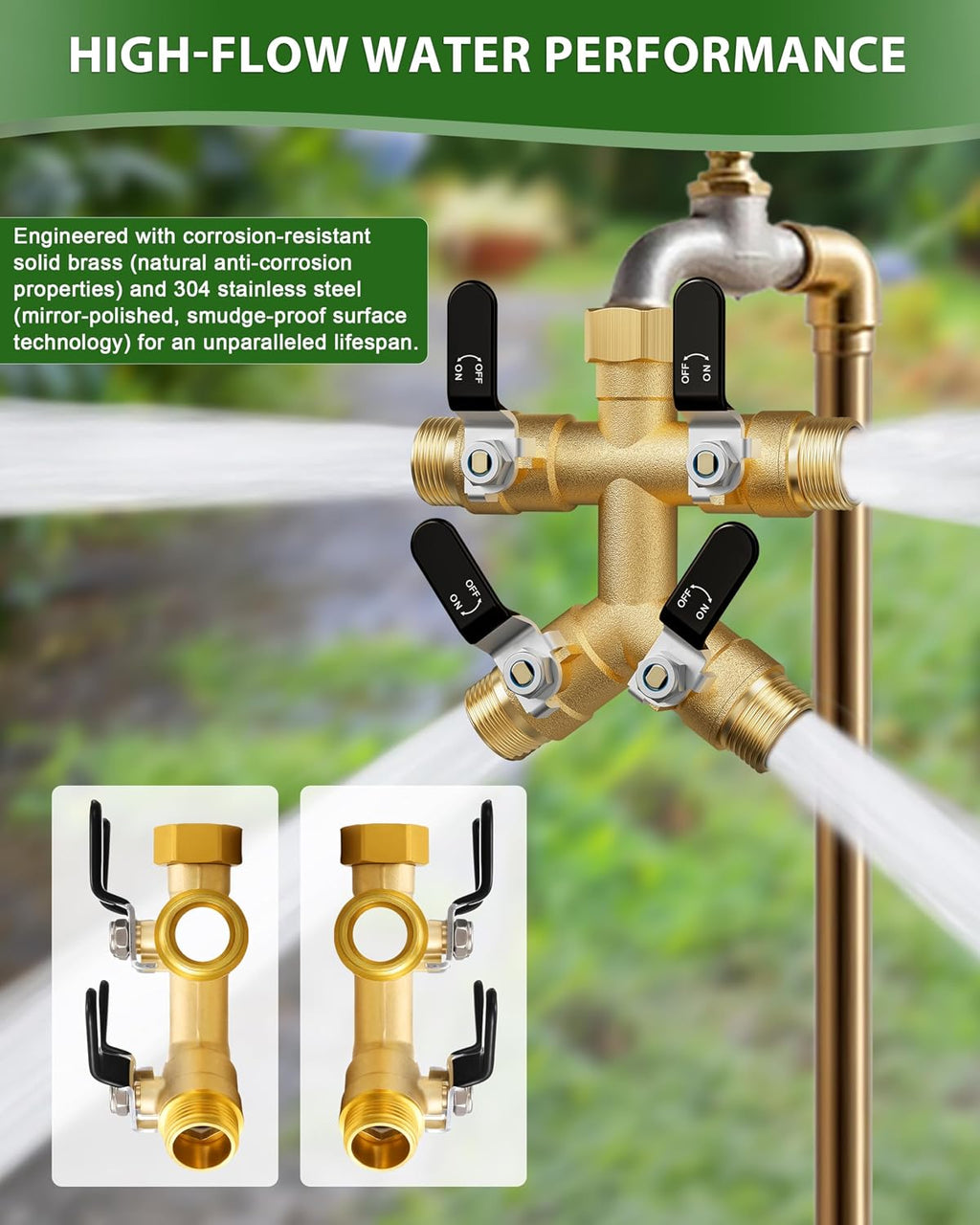 4 Way Hose Splitter, Heavy Duty Brass Garden Hose Splitter, Water Hose Bib Spigot Splitter with 0.59" Full Flow Ball