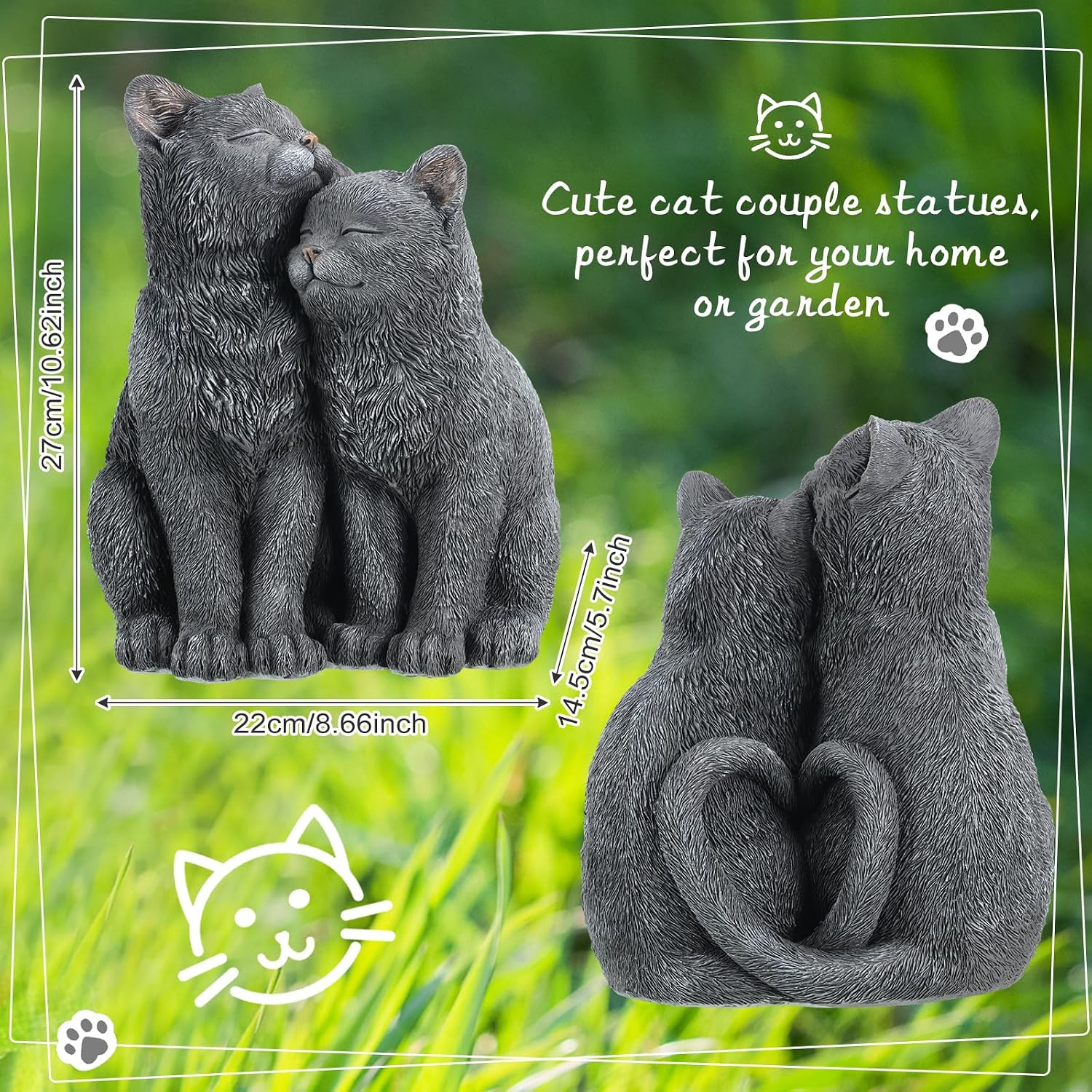 Wenqik Black Cat Statue for Garden Couple Kitten Figurines Decor Resin Cat Sculpture Decorative Garden Statues for