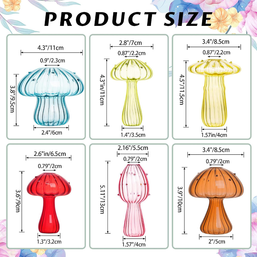Mushroom Vase, Set of 6 Colored Glass Propagation Stations Vases | Handmade Colored Bud Vases, Cute Mushroom Planter