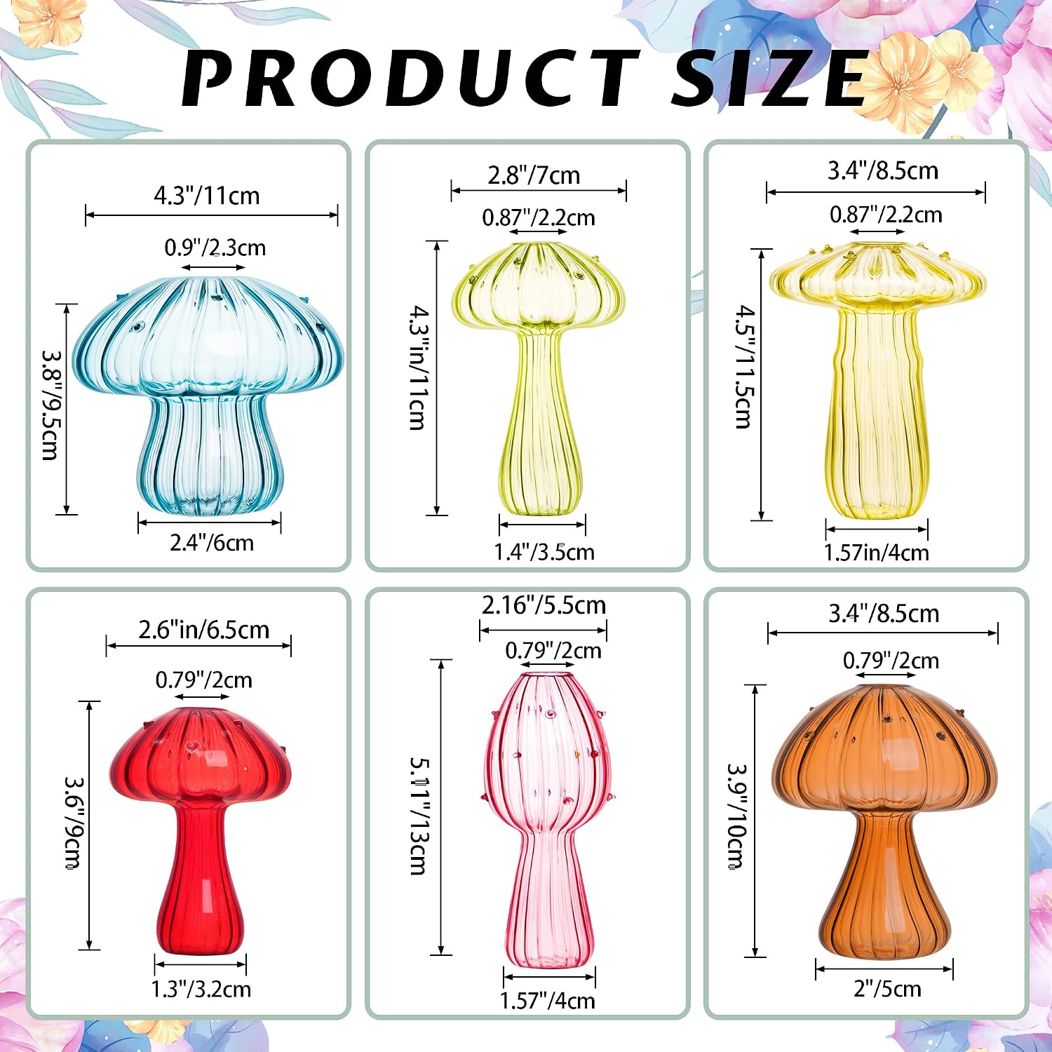 Mushroom Vase, Set of 6 Colored Glass Propagation Stations Vases | Handmade Colored Bud Vases, Cute Mushroom Planter