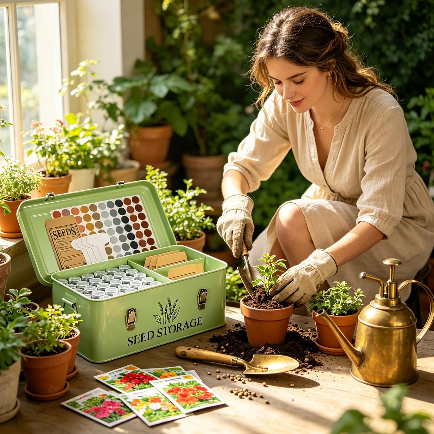 60-Slot Metal Seed Storage Organizer Box, Seed Saving Box | 3 Compartments Organization, 60 Seed Envelopes & Labels