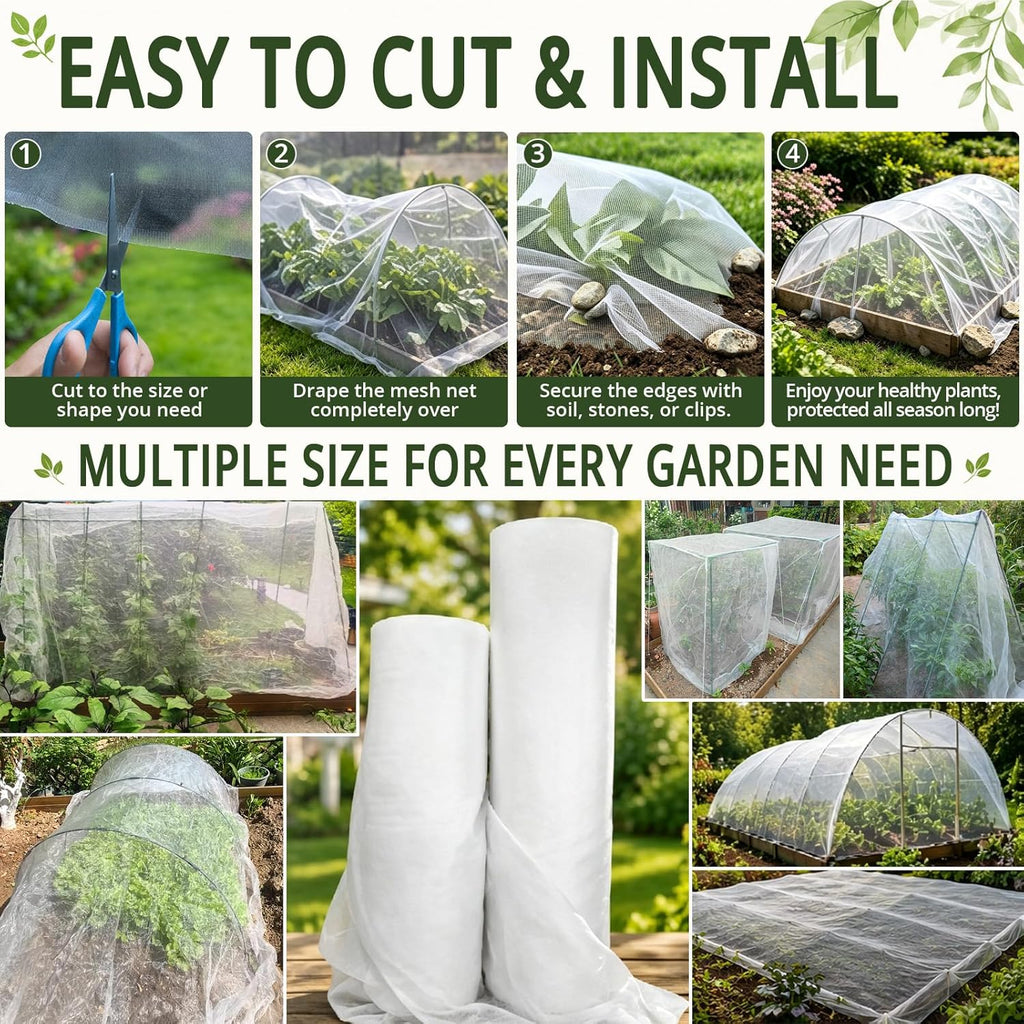 10Ft x 50Ft Garden Netting, Fine Mesh Insect Netting for Plant Protection | Mosquito Bug Bird Animal Pest Barrier