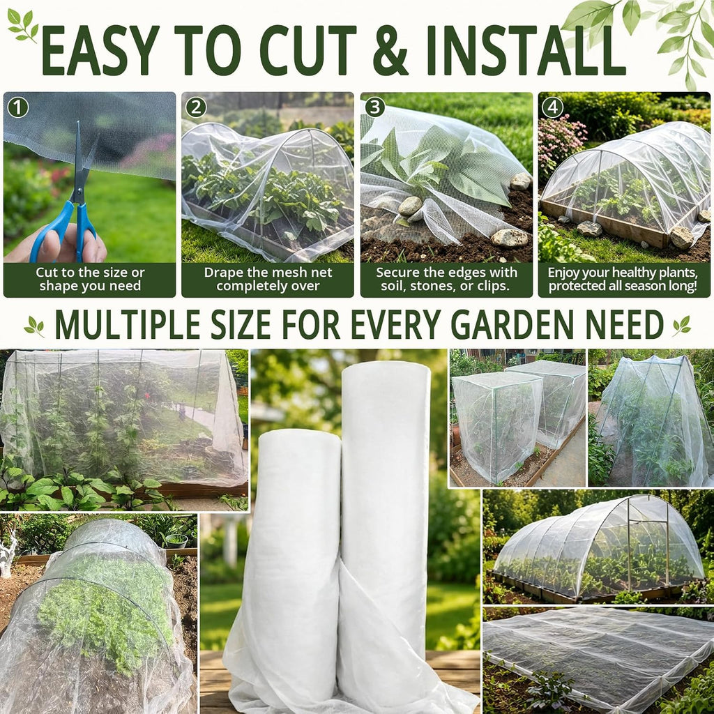 8Ft x 50Ft Garden Netting, Fine Mesh Insect Netting for Plant Protection | Mosquito Bug Bird Animal Pest Barrier