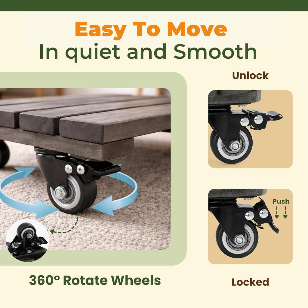 Jurax Wood Plant Caddy with Wheels – Heavy Duty Plant Dolly Holds Up to 286 lbs, 360° Lockable Casters, Rolling Plant