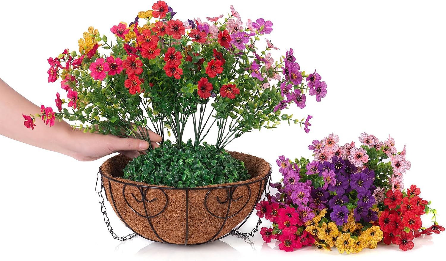Artificial Fake Hanging Plants Flowers with Basket Outdoor Decor Faux Silk Dasiy Flower Arrangements in Pot Planter for