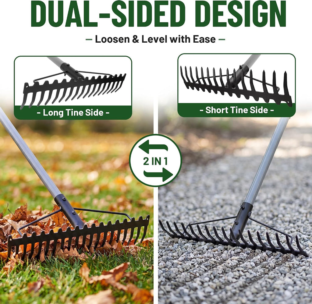 Walensee Heavy Duty Dual-Sided Bow Rake, 63" Stainless Steel Handle, Heat-Treated Manganese Steel Head, 17 Steel Tines