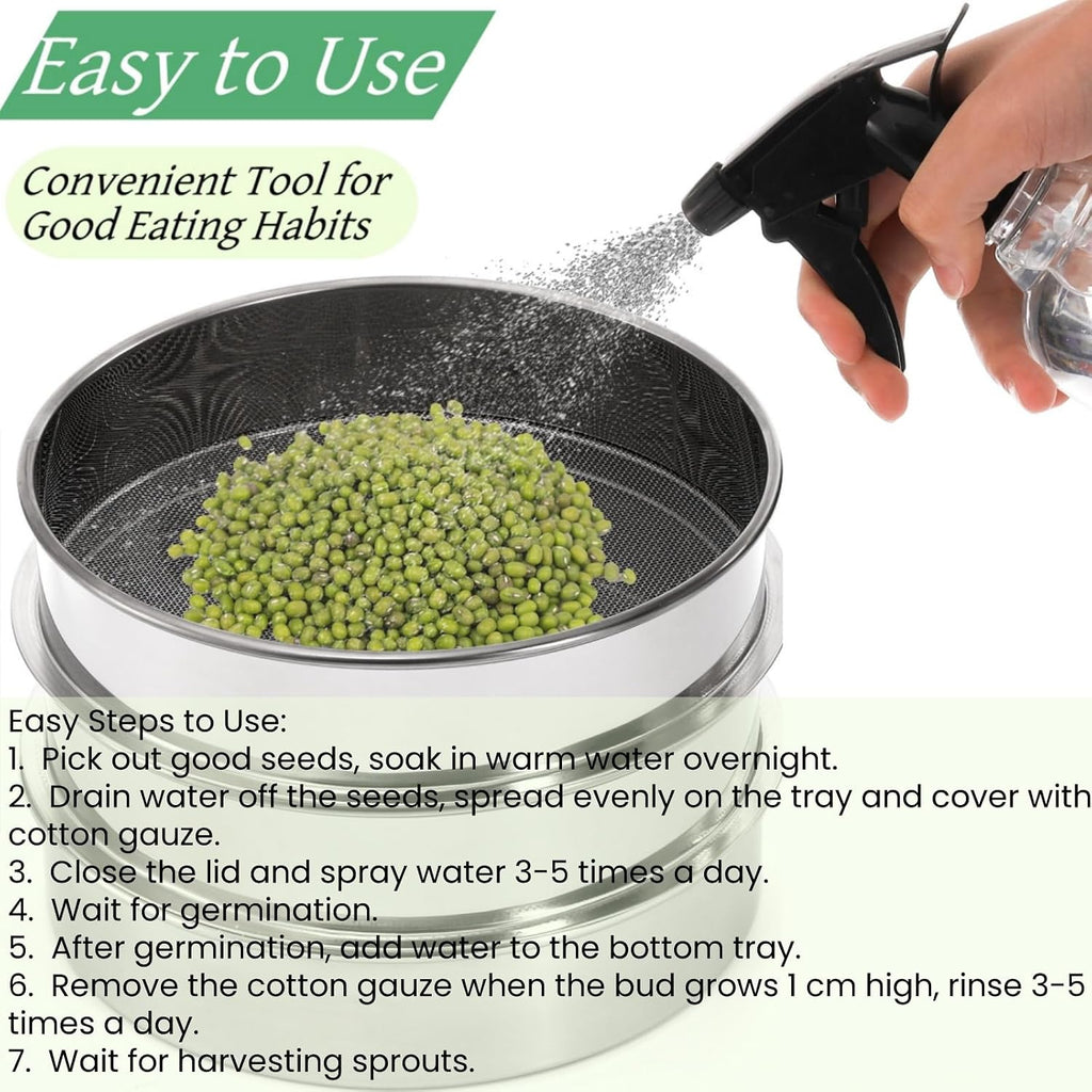 Tlence 9" Stackable Stainless Steel Seed Sprouting Kit, 3-Tier Mesh Germination Tray, Seed Sprout Grower with Lid Base