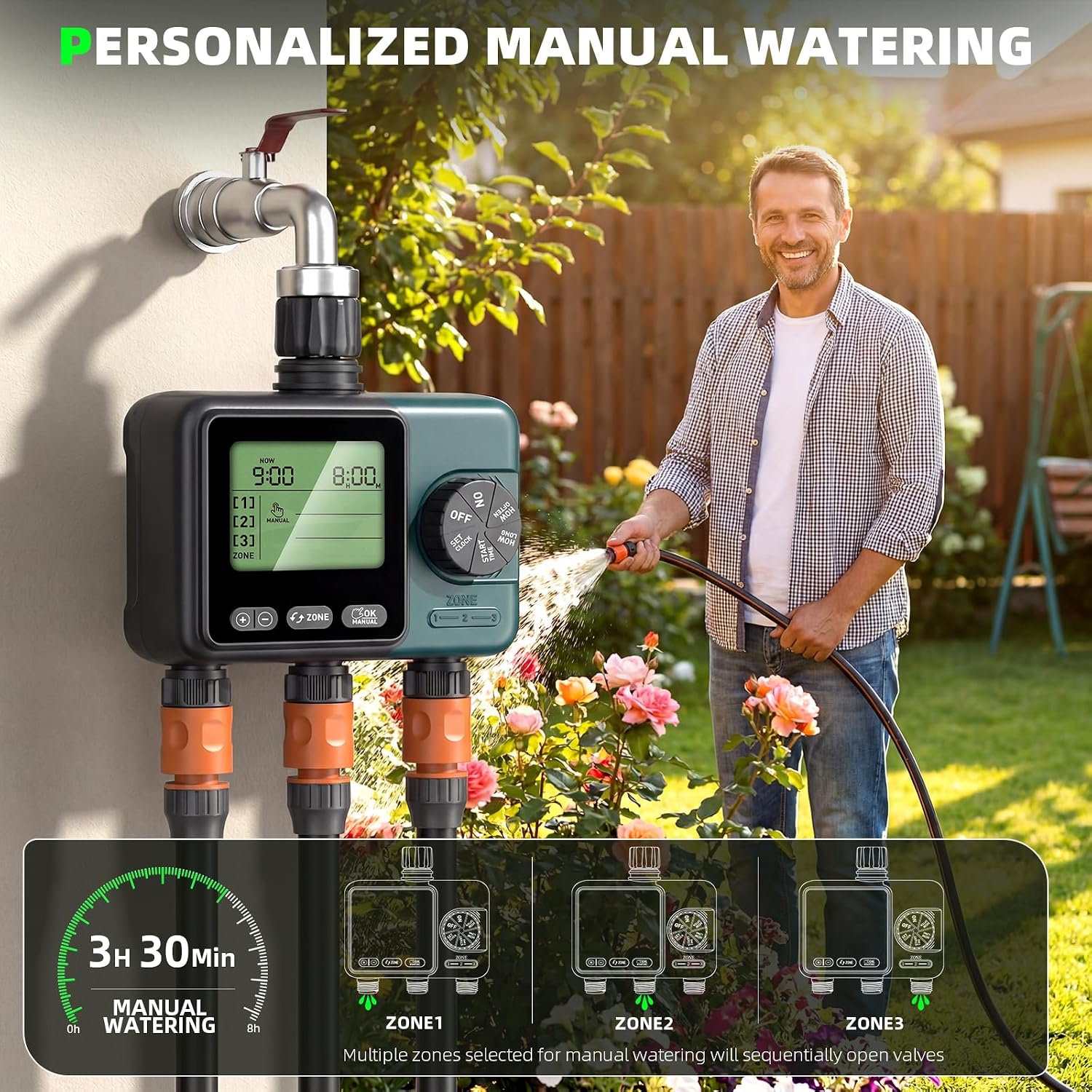 3 Zone Sprinkler Timer,3 Custom Watering Plans Hose Time, IP65 Waterproof, Rain Delay Manual & Automatic Watering with