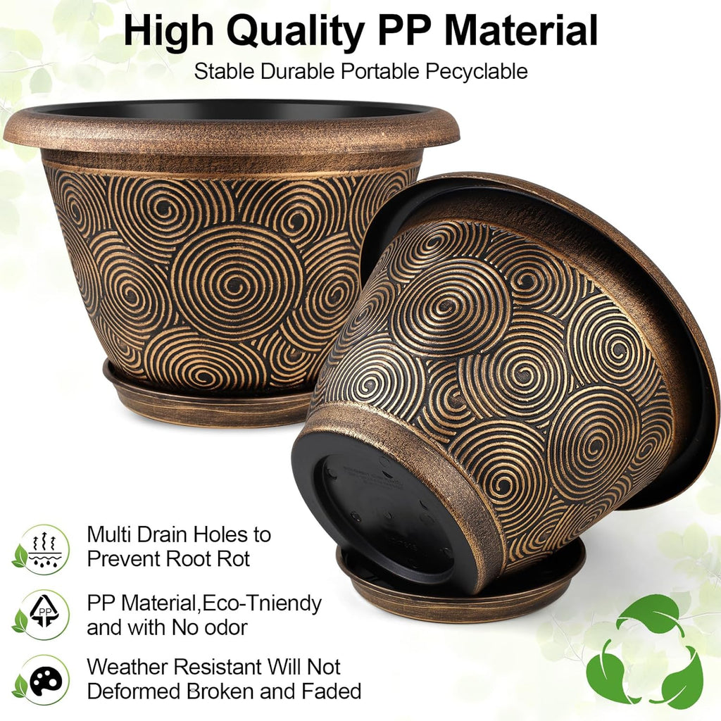 Fodetyff 10 Inch Flower Pots Planters for Indoor Outdoor Plants, 3 Pack Plastic Large Plant Pots with Drainage Hole &