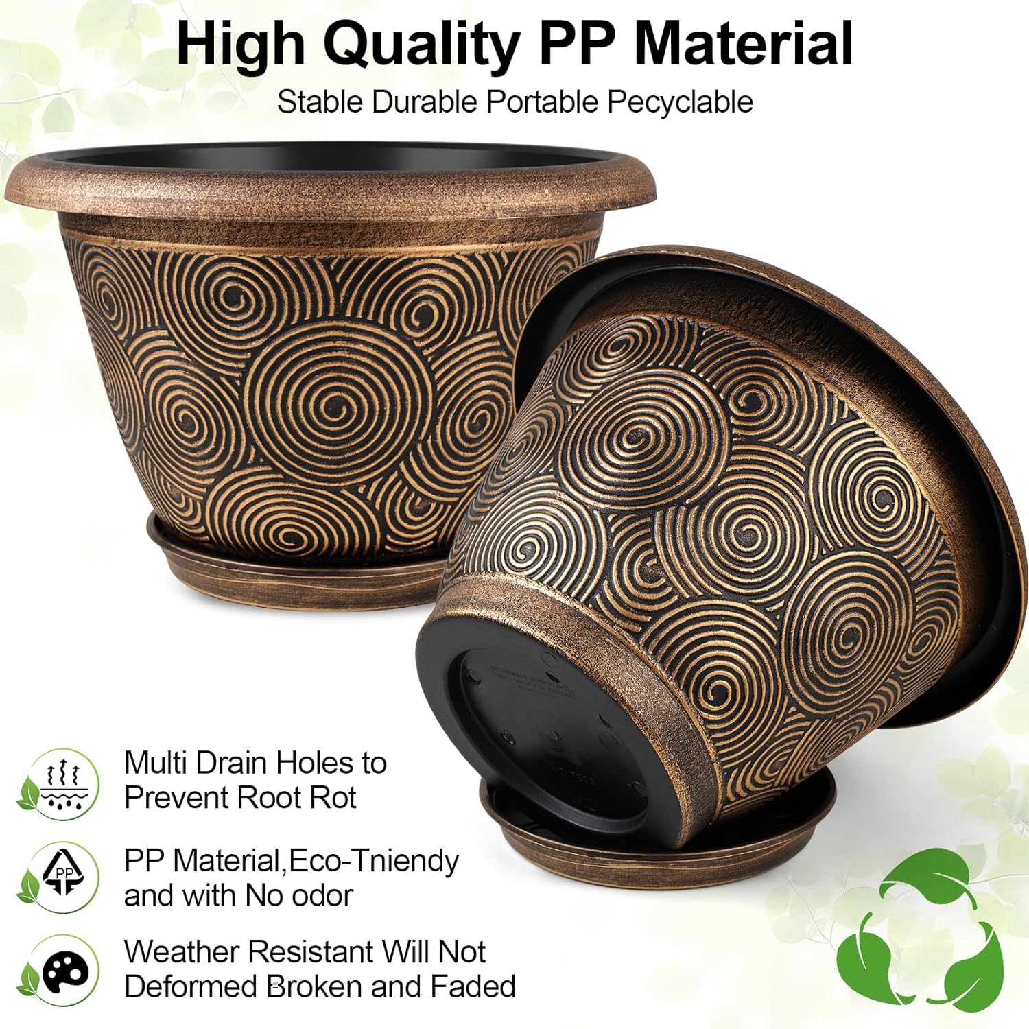 Fodetyff 10 Inch Flower Pots Planters for Indoor Outdoor Plants, 3 Pack Plastic Large Plant Pots with Drainage Hole &