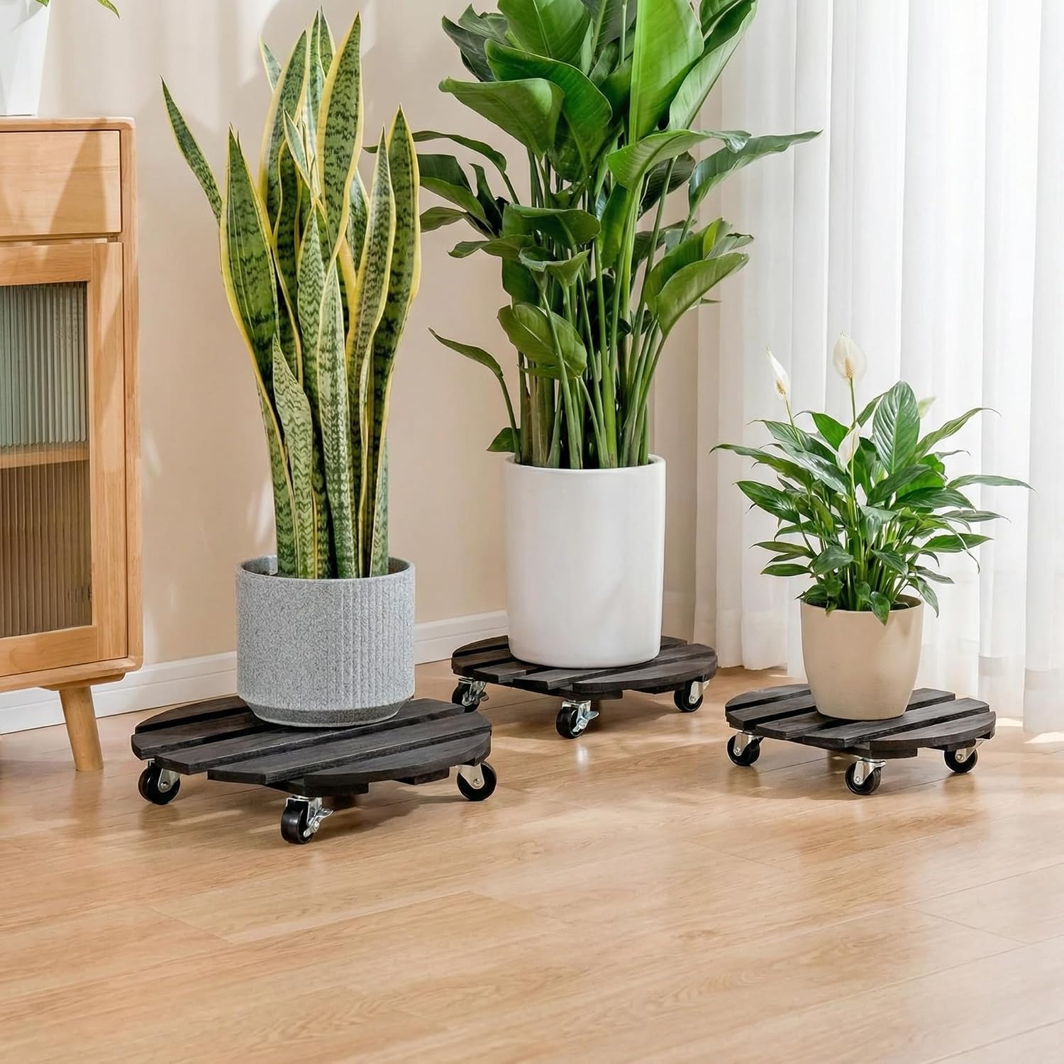 Plant Caddy with Wheels, 12 Inch Rolling Plant Stand, 2 Pack, Black | Heavy Duty Wooden Plant Dolly with Locking