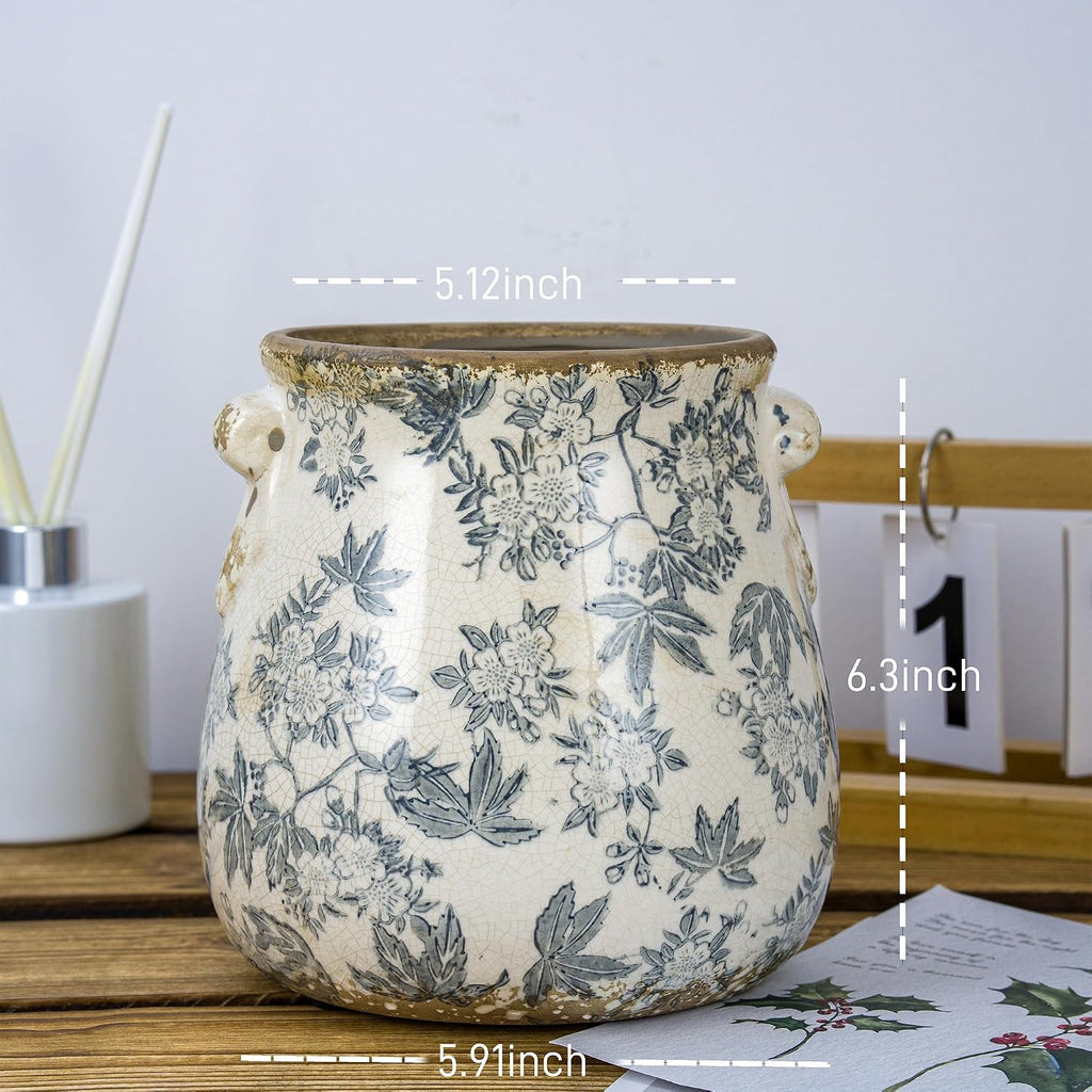 Vintage Grey Ceramic Ice Crack Glaze Flower Pot with Drainage Holes and With Handle, Country Rustic Planters for Indoor