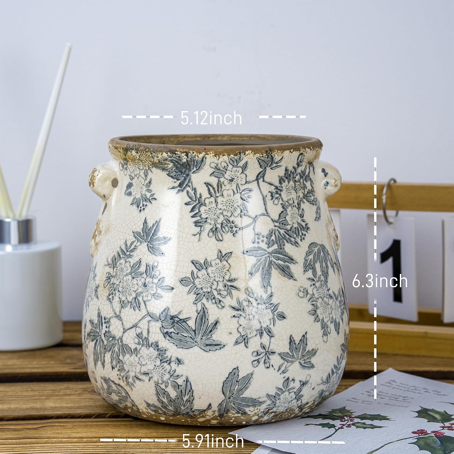 Vintage Grey Ceramic Ice Crack Glaze Flower Pot with Drainage Holes and With Handle, Country Rustic Planters for Indoor