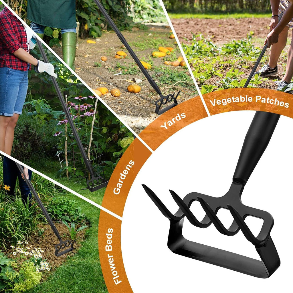 Garden Hoe With Rake, 2-In-1 Stirrup Hoe with 4-Tine Cultivator,Heavy Duty 82 Inch Long Handle Scuffle Loop Hoe For