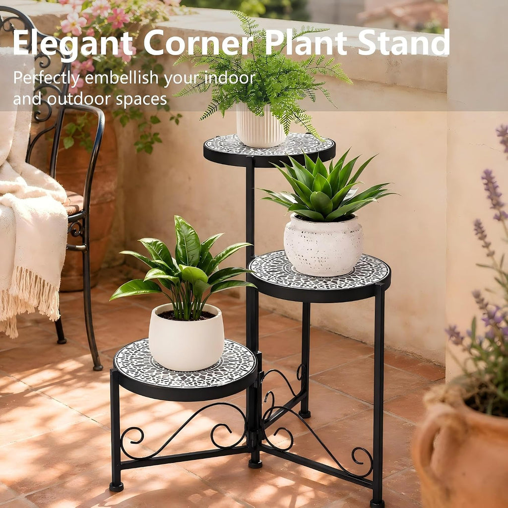 3 Tier Mosaic Corner Plant Stand Foldable Display Shelf Black | Tall Plant Holder Space-Saving Corner Design Perfect