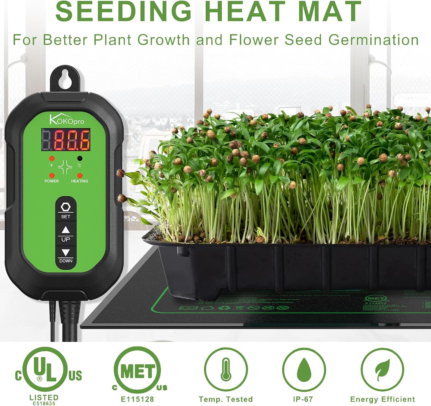 10"x 20" Seedling Heat Mat and Digital Thermostat Combo Set - KOKOPRO Warm Hydroponic Heating Pad for Seed Germination