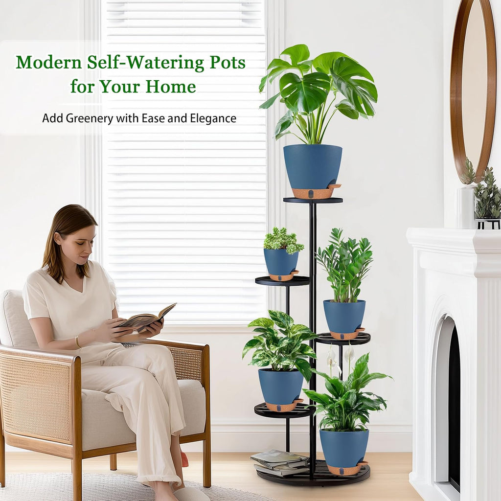 Self Watering Pots for Inoor Ourdoor Plants 8/7/6.5/6/5" Plastic Planters | Drainage Holes & Water Level Indicator