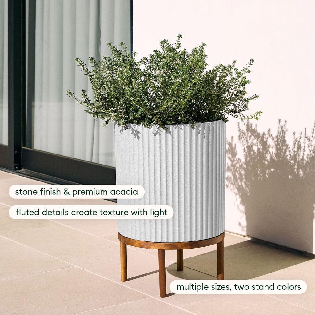 Veradek Demi 16 in. Raised with Stand Round White Plastic Planter with Brown Stand DMSTV16WBR