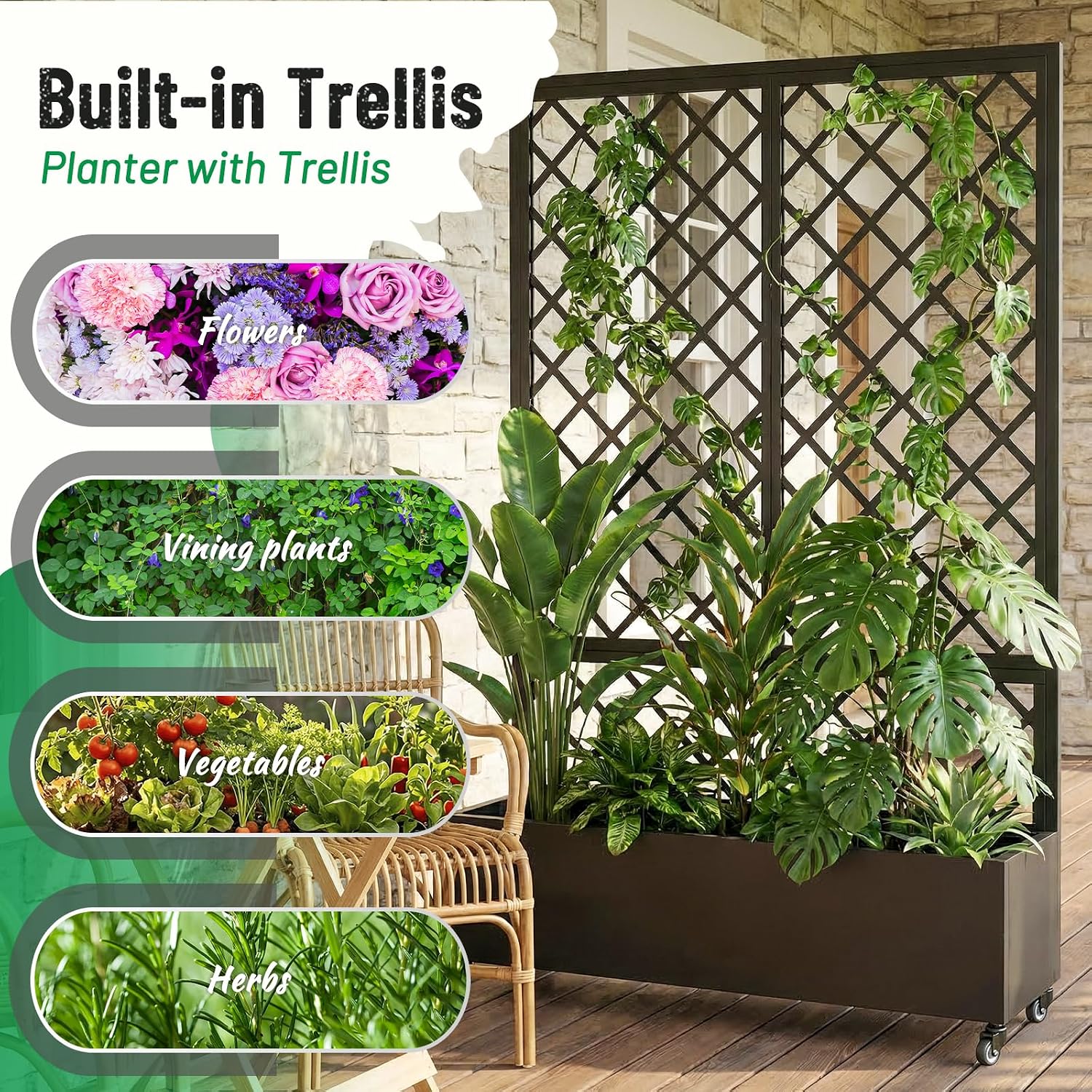 Planter Raised beds with Trellis，72" x 47" x 16",Black Grid,Privacy planters for Patio,Planter Box for Climbing Plants