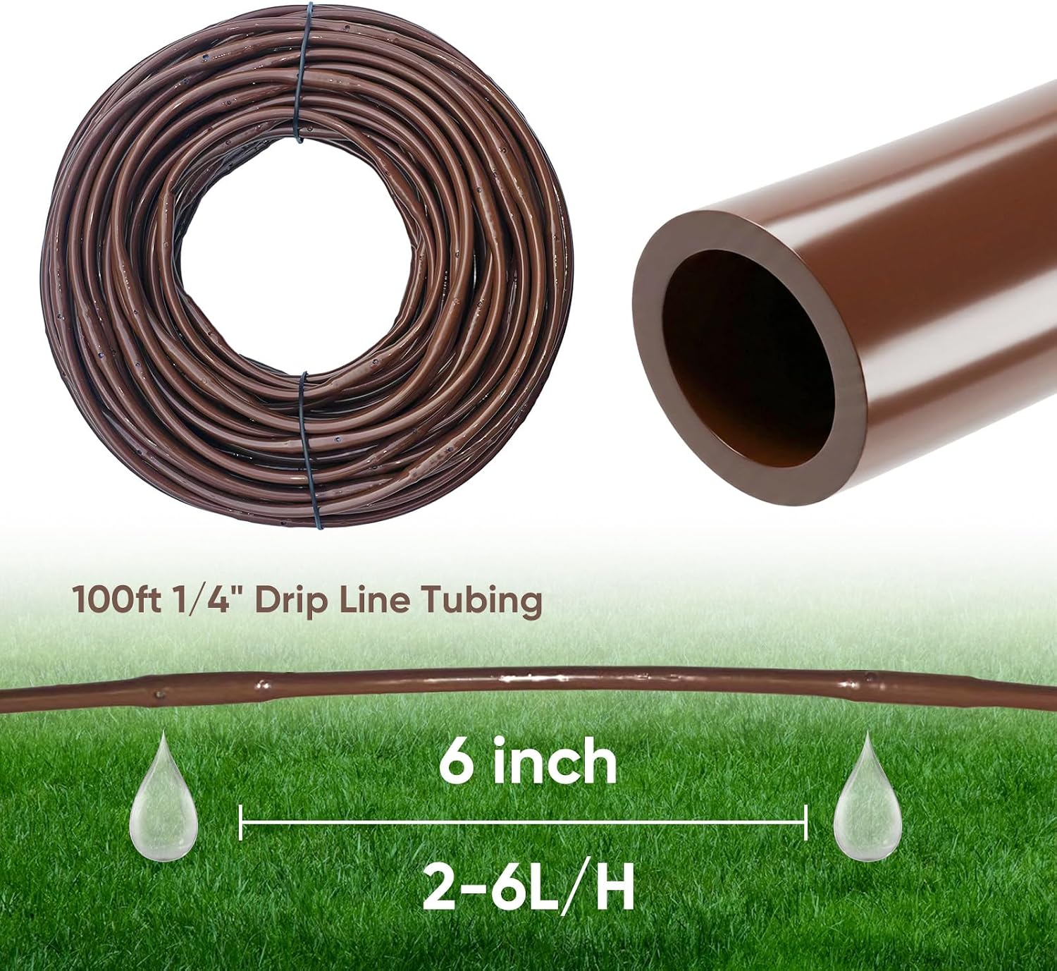 100FT 1/4" Irrigation Dripline Tubing with 6" Emitter Spacing for Gardens | Pre-Installed Emitters at Close Intervals