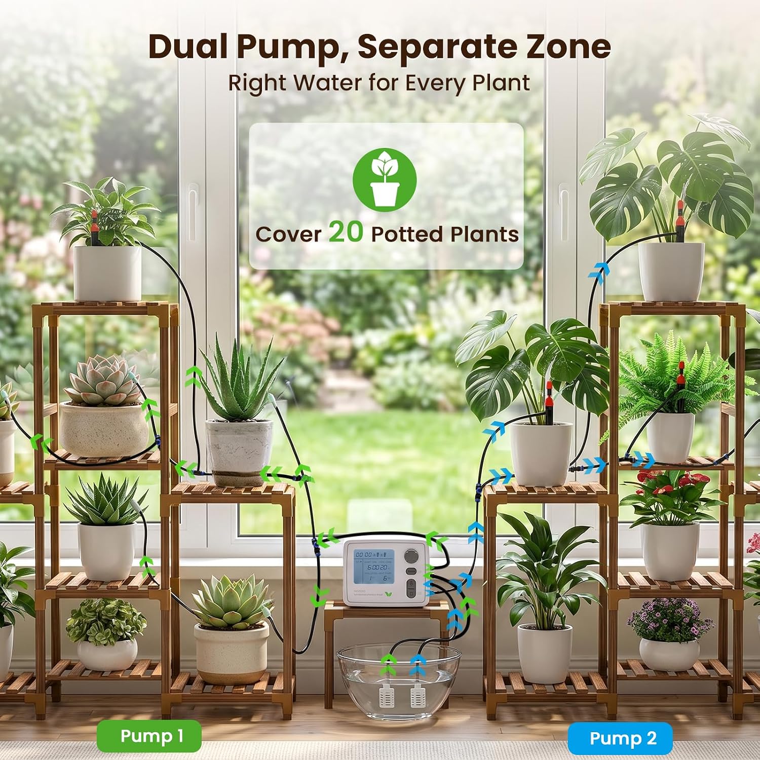 Dual Pump Indoor Plant Watering System for 20 Potted Plants | Dual Zoned Custom Watering, Upgraded 2-in-1 Spray & Drip