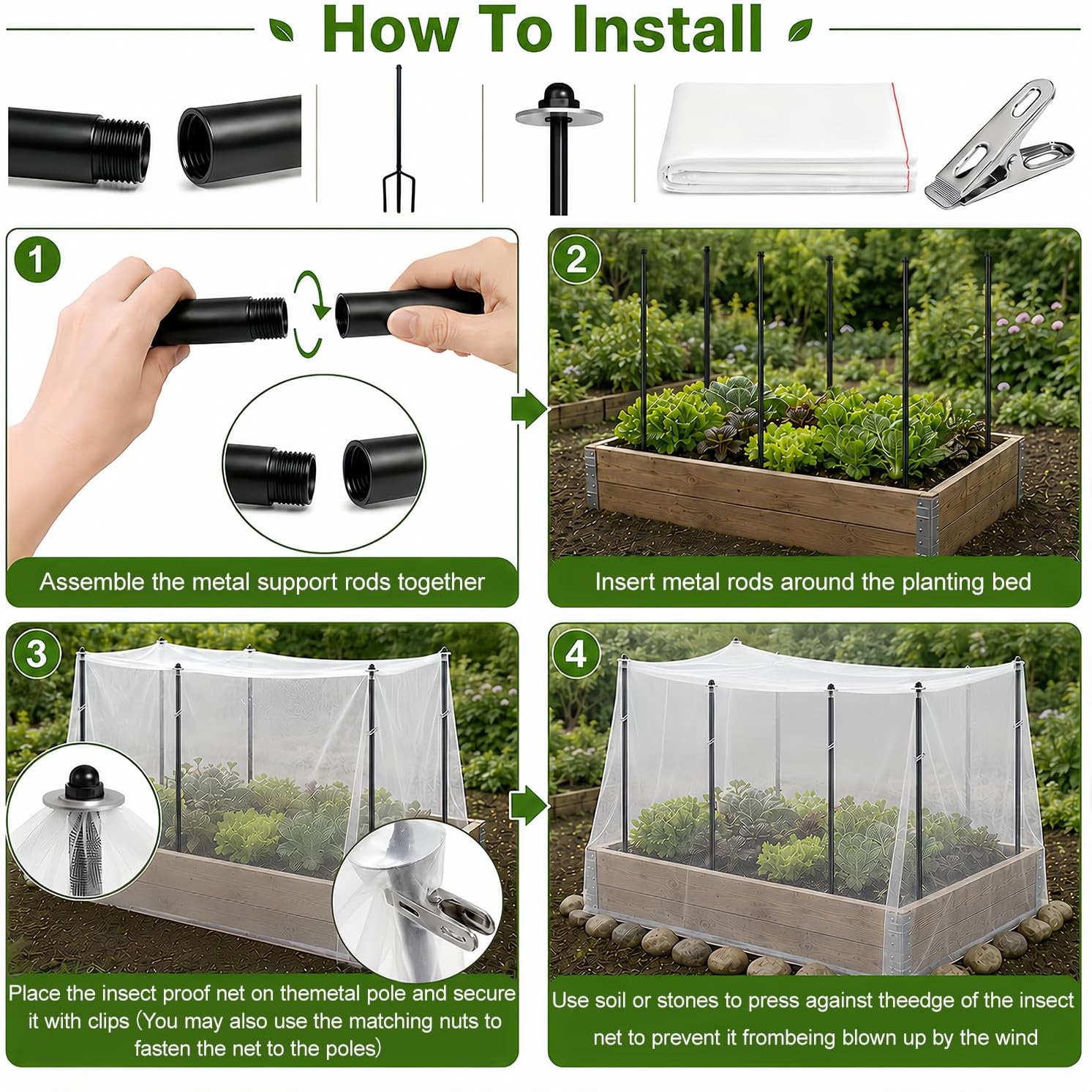 9.8×15FT Garden Netting Covers Kit for Raised Beds, 6 Pack 2.6FT Garden Poles Support Stakes with Pest Barrier Plant