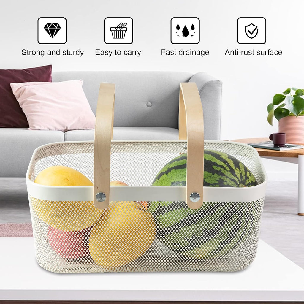 Portable Garden Harvest Basket-Mesh Design Natural Bamboo Handle Wire Storage Baskets,Mesh Basket with Handle Organize
