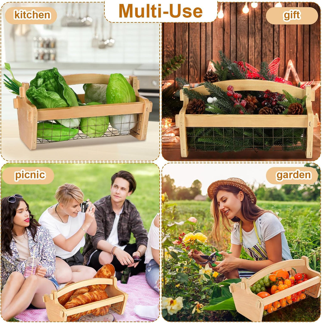 Teenyyou Large Garden Hod Harvest Basket 13 x 9 x 7 Inch, Wooden Gathering Basket with Handle Wire Mesh for Gardening