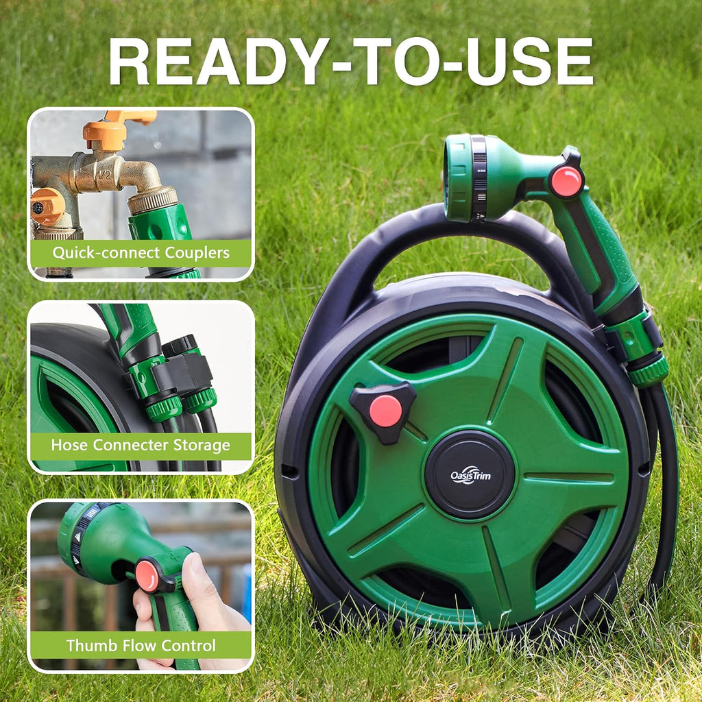 1/2" x 50FT Retractable Garden Hose Reel，With 10 Patterns Spray Nozzle，Portable Heavy Duty Garden Hose Holder for