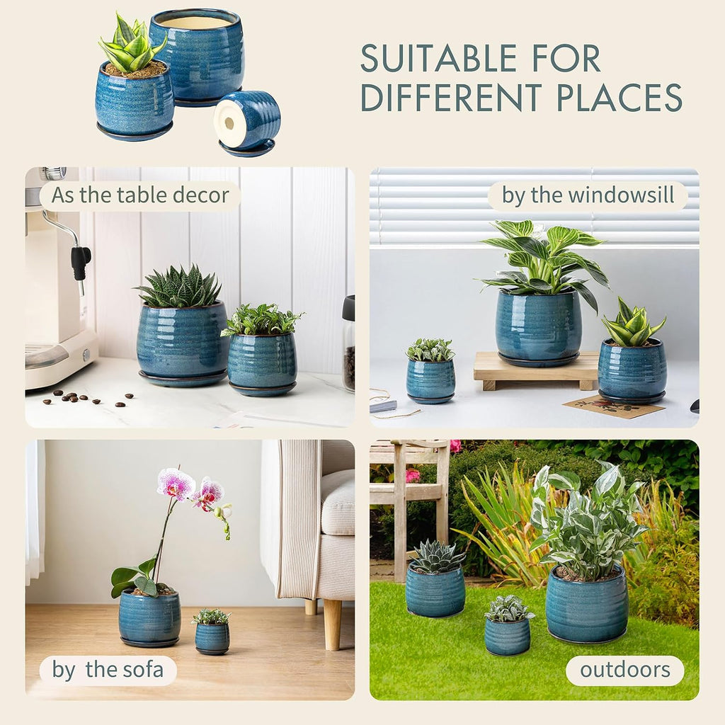 Ceramic Plant Pots with Drainage Holes and Saucers, Indoor Flower Pots for Plants Set of 3, 3.4+4.7+6.1 inch Cute