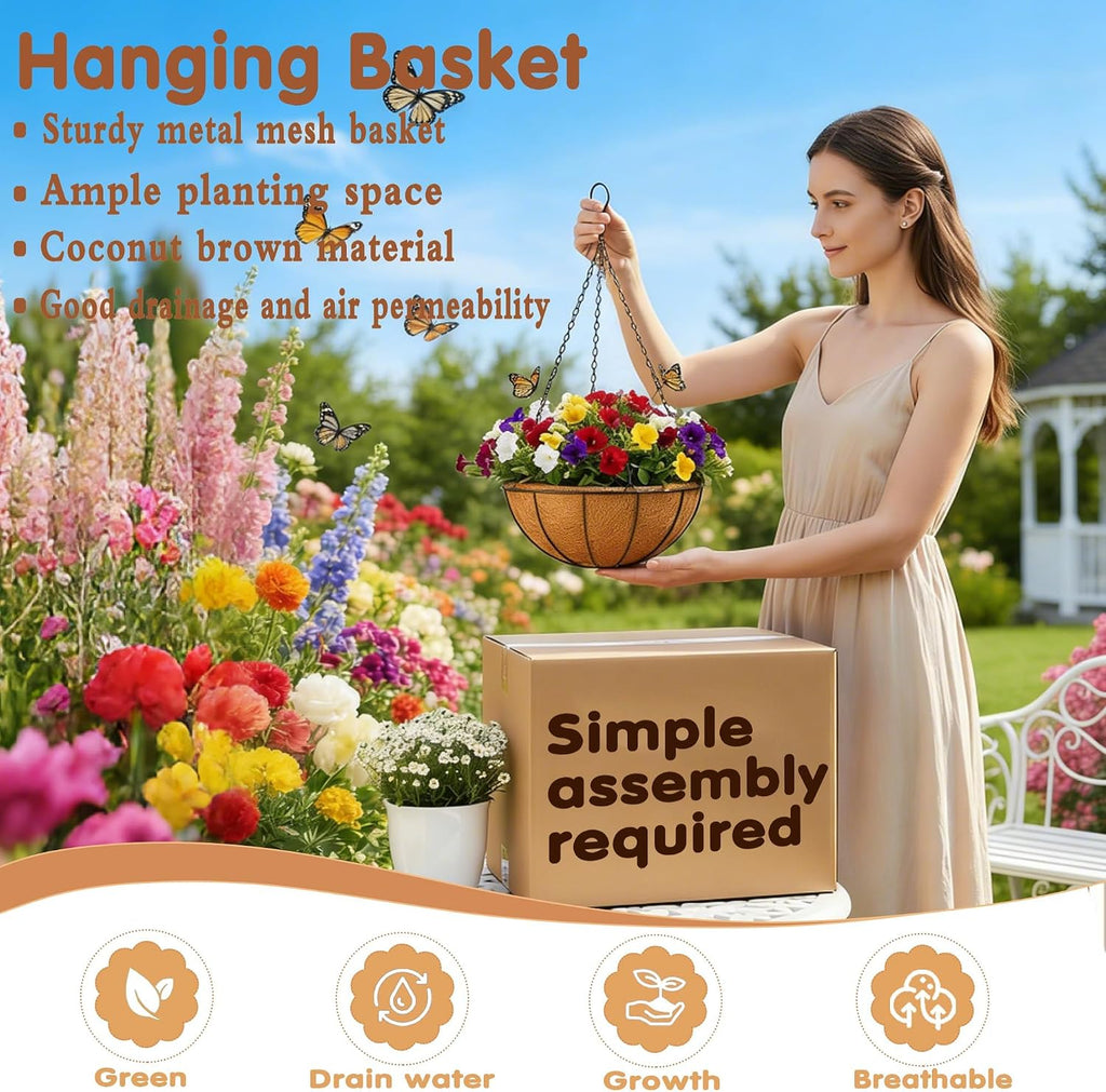 14 inch Metal Hanging Baskets For Plants Outdoor 4 Pack Round Metal Wire Hanging Basket Planter with Coco Fiber Liners