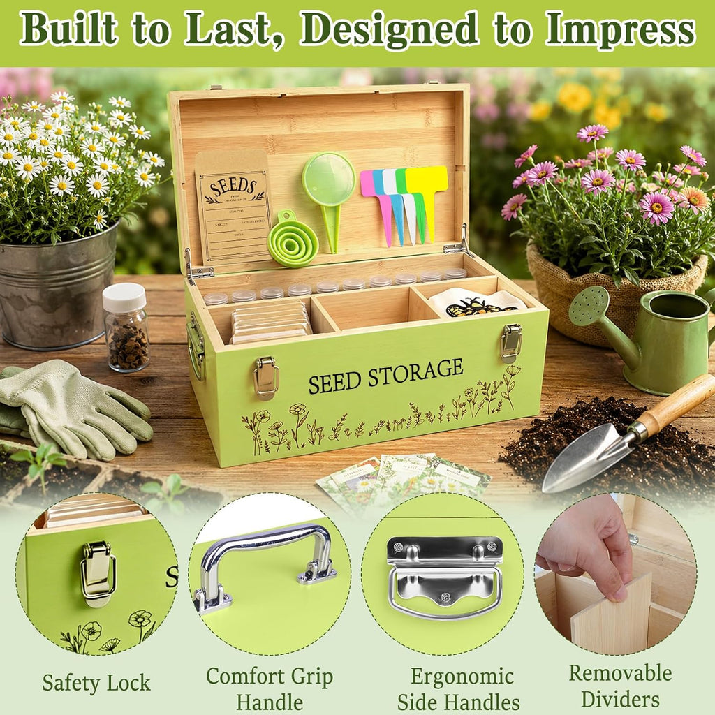Fayoo Wooden Seed Storage Organizer Box with 40 Seed Vials & 20 Envelopes, Rustic Seed Saving Kit for Vegetable, Flower