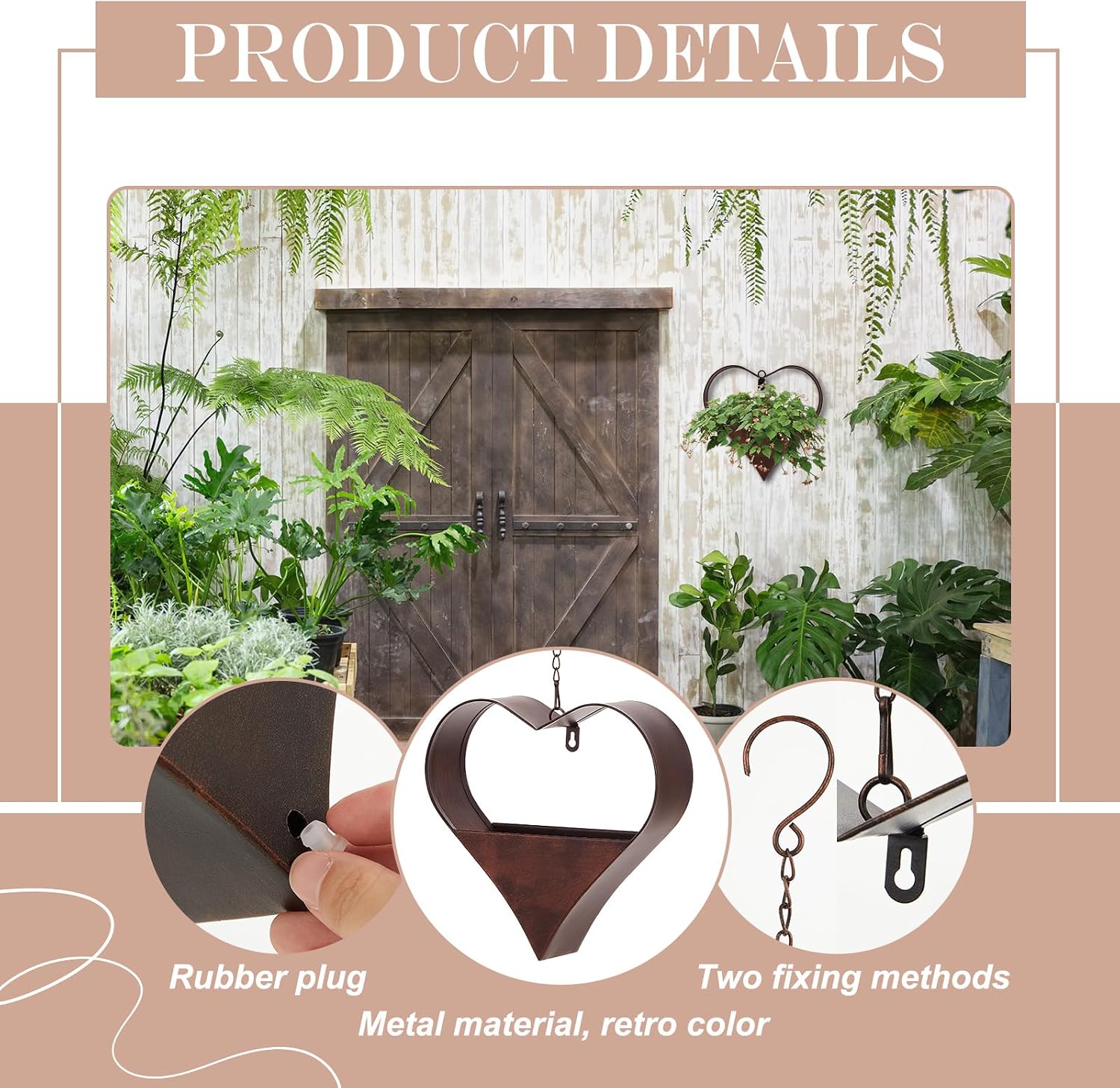 2 Pack Metal Plant Hangers Indoor and Outdoor Rustic Heart Shape Hanging Planters Holder Detachable Flower Pot with