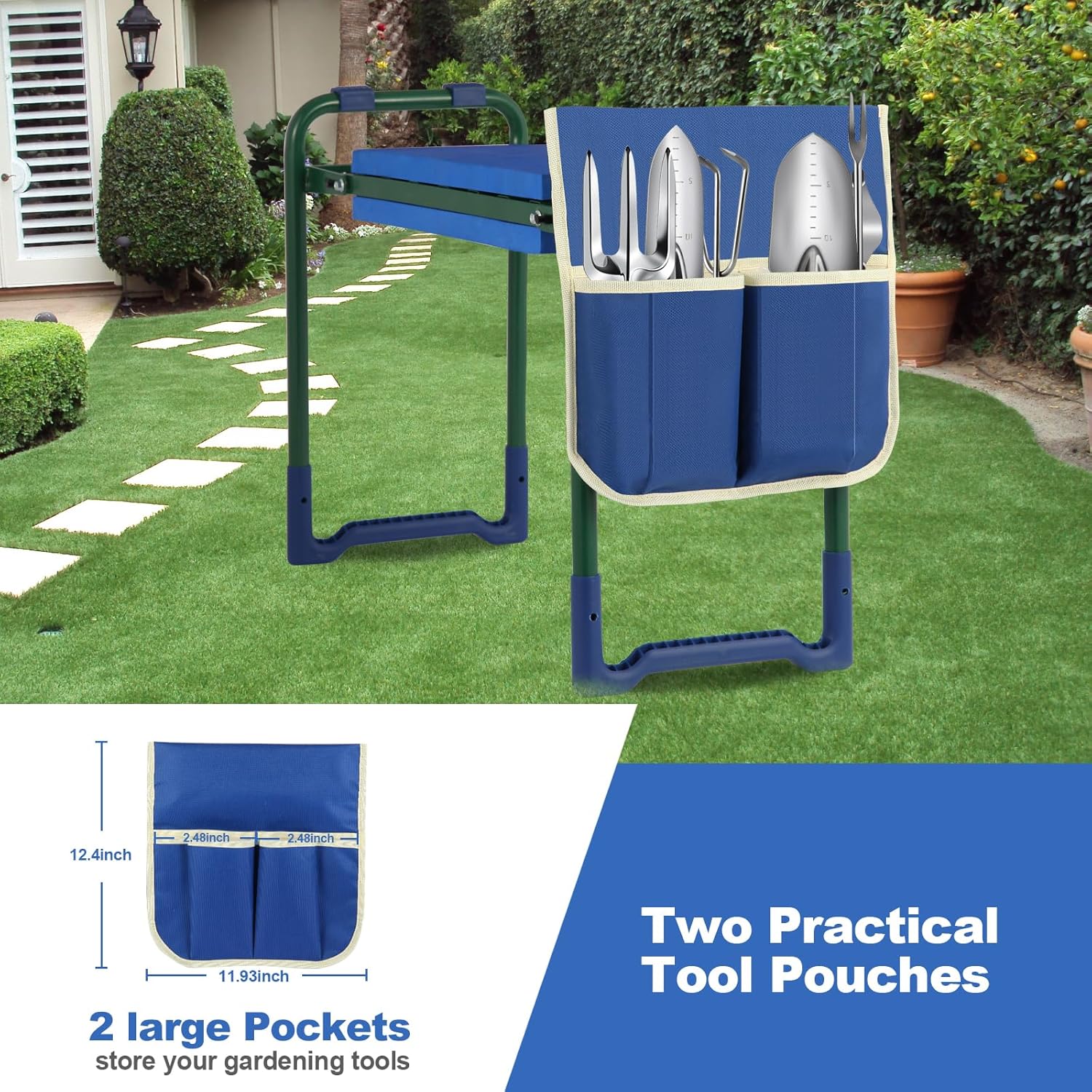 Garden Kneeler Seat with thicker and Wider Soft Kneeling Pad ,foldable Heavy Duty Garden Stool with 2 large Tool